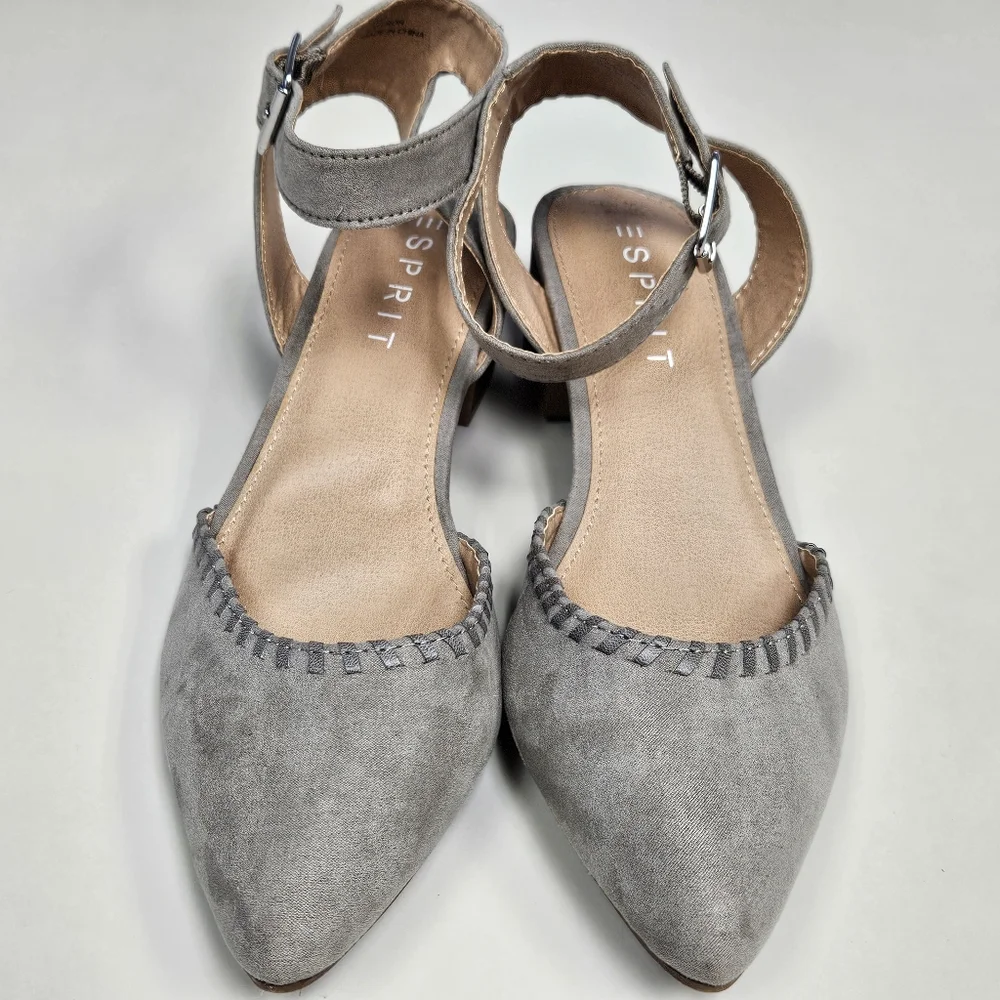 ESPRIT Women's Gray Suede Ankle-Strap Pointed Flats 7.5